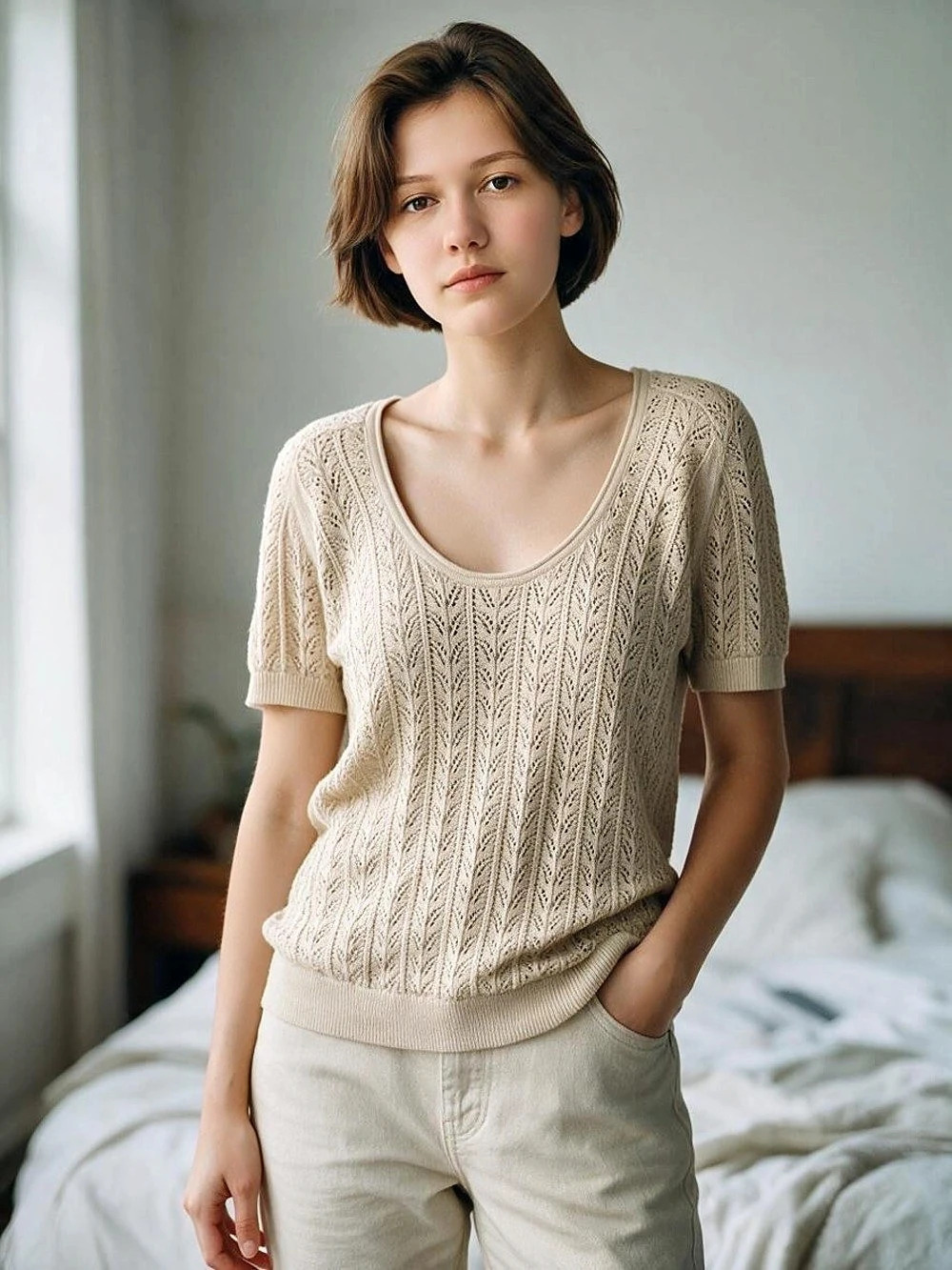 a.n.a Open-Knit Short Sleeve Tunic Sweater XL